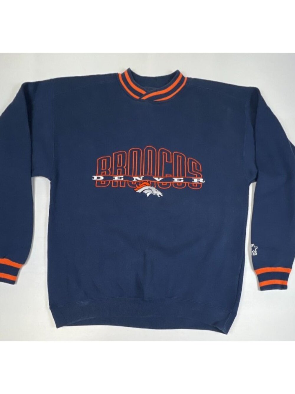 Vintage Starter Denver Broncos Men M Navy Blue Orange Crewneck Sweatshirt NFL